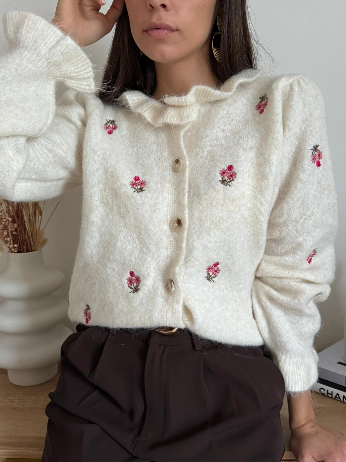 Cardigan Fluer de Laine ecrù con ricamo fiori